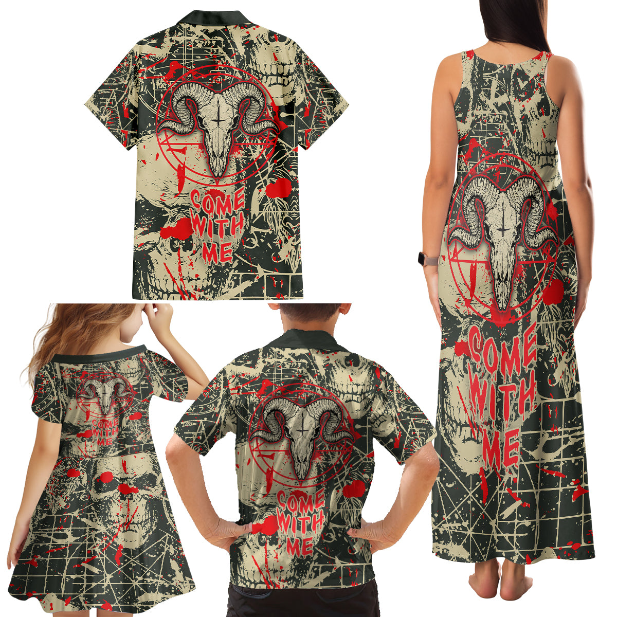 Skull Pattern Family Matching Tank Maxi Dress and Hawaiian Shirt Demon Art - Come With Me - Wonder Print Shop