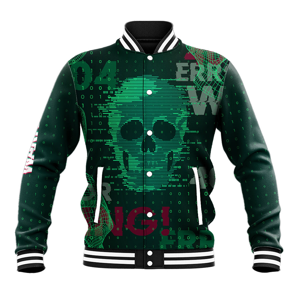 Green tech baseball jacket with skull front print, snap buttons, striped rib collar and cuffs