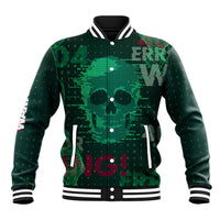 Green tech baseball jacket with skull front print, snap buttons, striped rib collar and cuffs