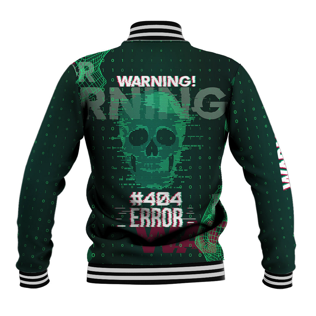 Green technology skull baseball jacket, striped rib collar and cuffs, back warning graphic