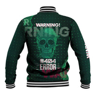 Green technology skull baseball jacket, striped rib collar and cuffs, back warning graphic