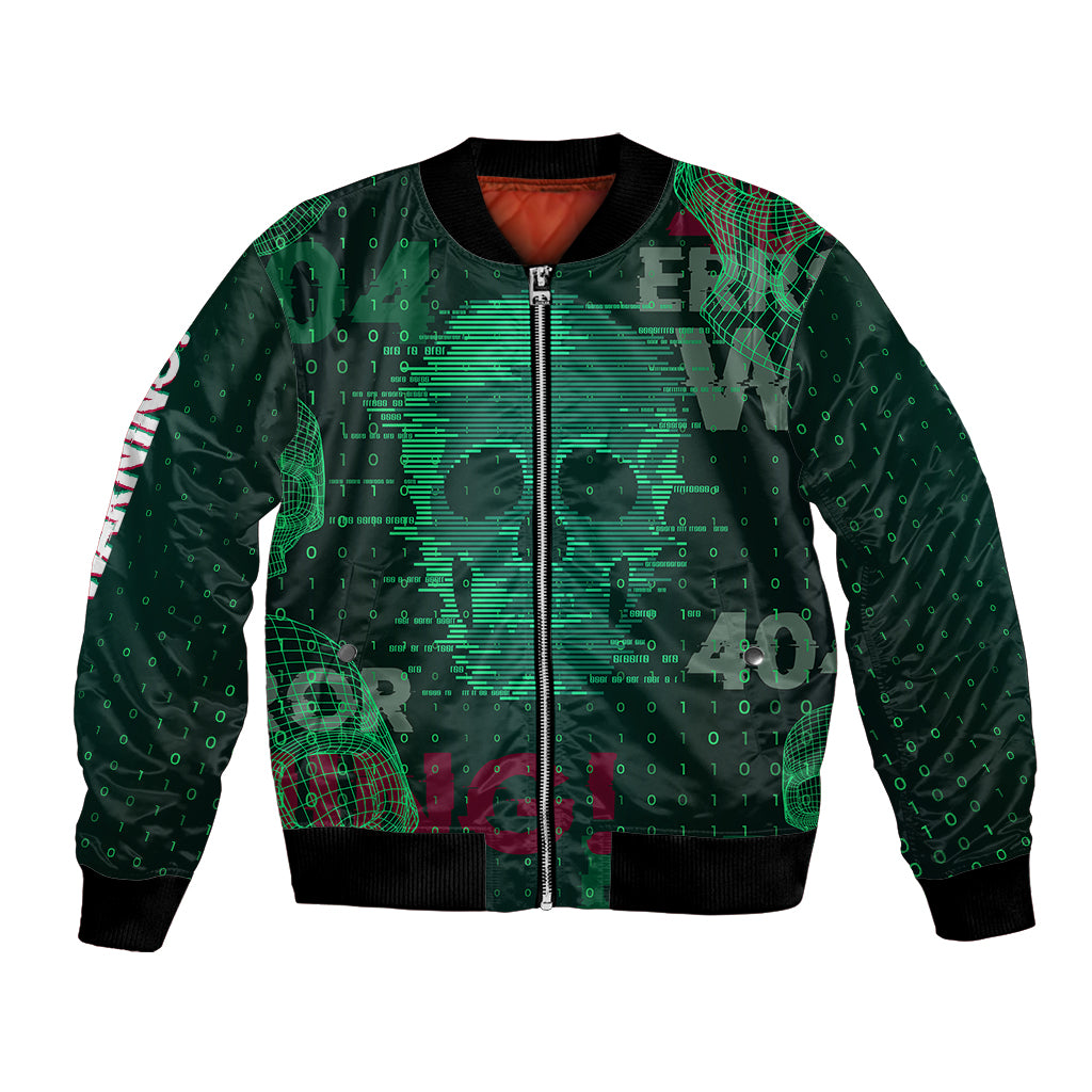 Green tech bomber jacket front with zip, circuit print, red lining at collar, ribbed cuffs