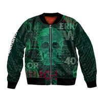 Green tech bomber jacket front with zip, circuit print, red lining at collar, ribbed cuffs