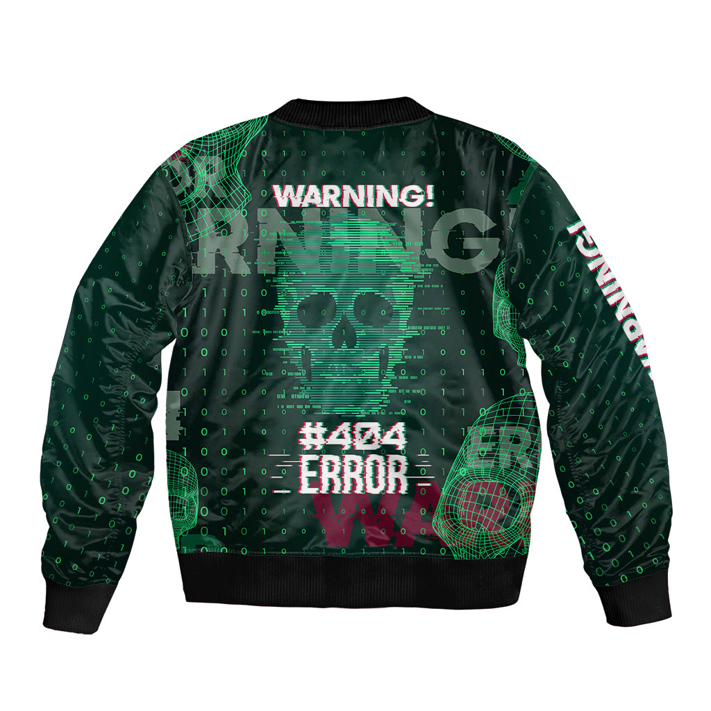 Green tech bomber jacket with 'WARNING!' skull graphic on back, ribbed cuffs and hem