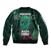 Green tech bomber jacket with 'WARNING!' skull graphic on back, ribbed cuffs and hem