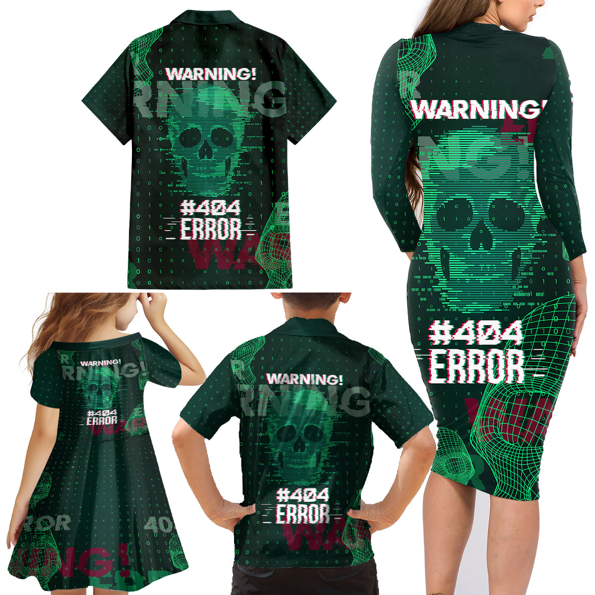 Technology Skull Family Matching Long Sleeve Bodycon Dress and Hawaiian Shirt Warning - Erro 404 - Wonder Print Shop