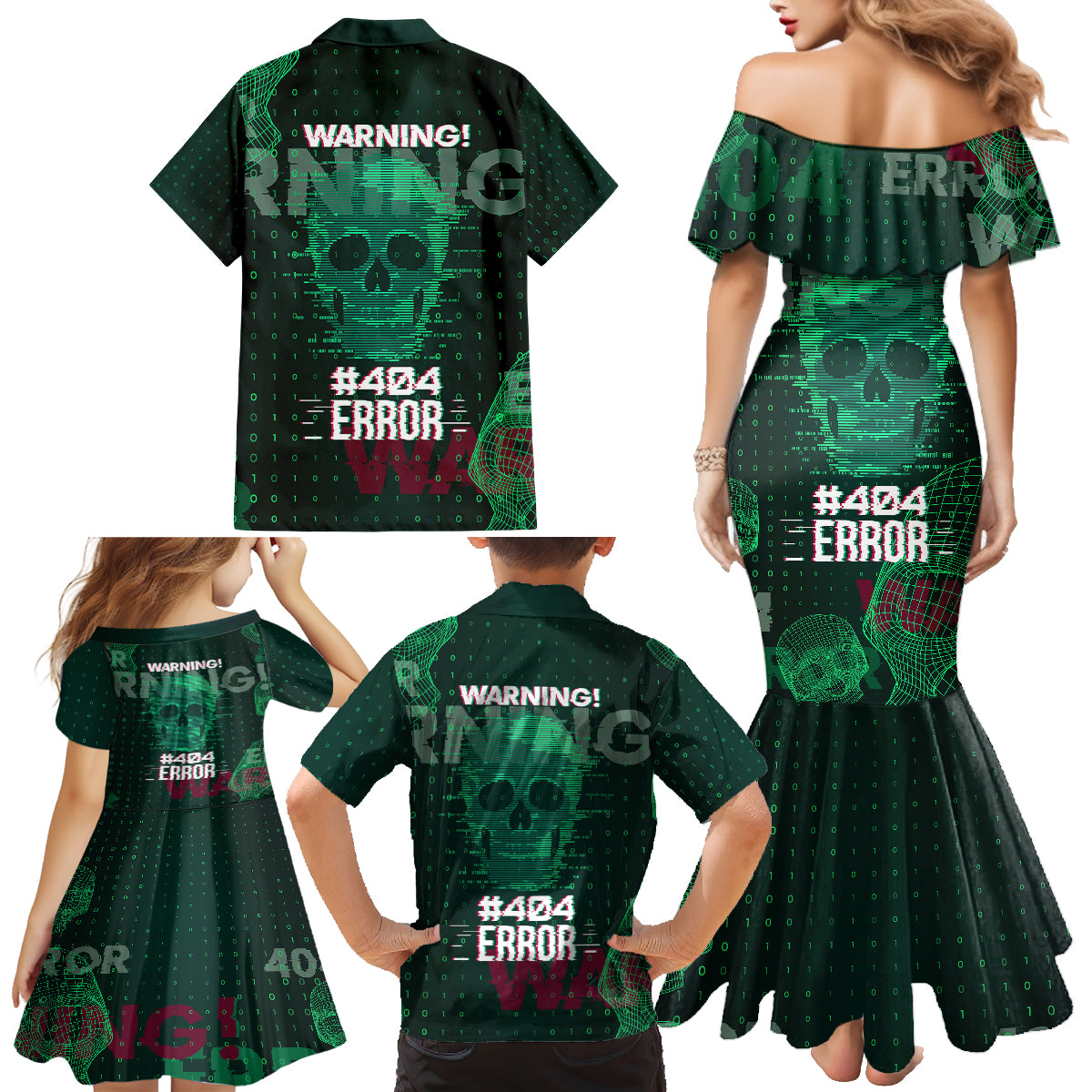 Technology Skull Family Matching Mermaid Dress and Hawaiian Shirt Warning - Erro 404 - Wonder Print Shop