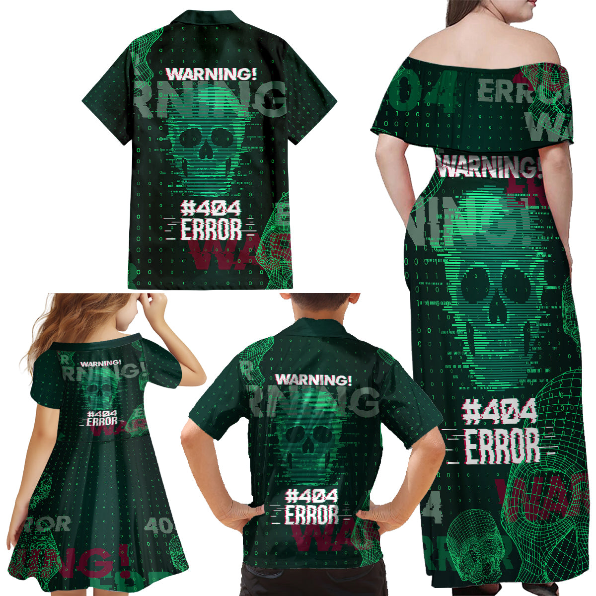 Technology Skull Family Matching Off Shoulder Maxi Dress and Hawaiian Shirt Warning - Erro 404 - Wonder Print Shop