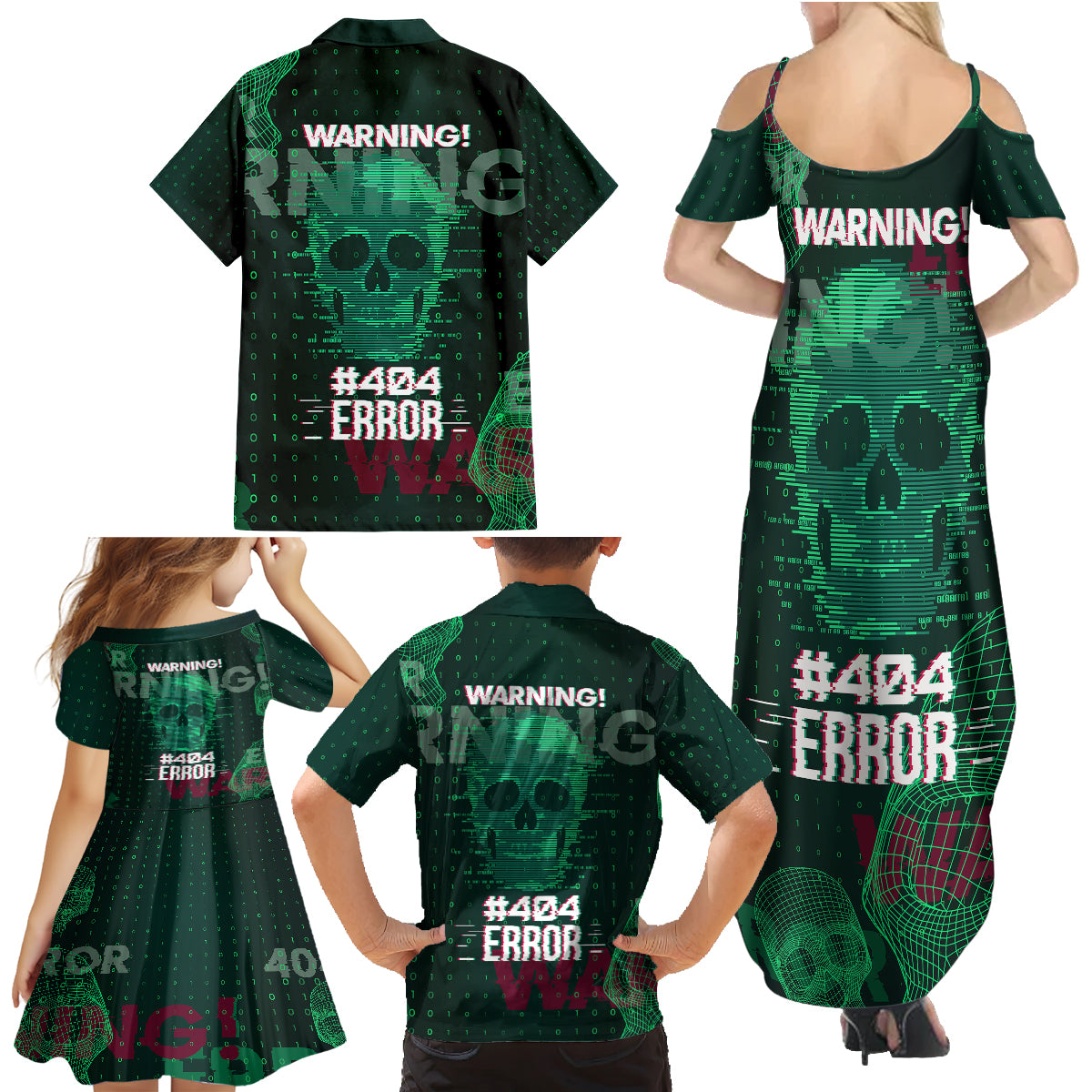 Technology Skull Family Matching Summer Maxi Dress and Hawaiian Shirt Warning - Erro 404 - Wonder Print Shop