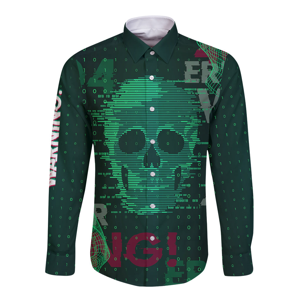 Dark green tech button shirt with front digital skull circuit graphic and 404 ERROR