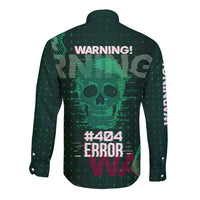 Dark green tech button shirt with digital skull, WARNING, and 404 ERROR print (back)