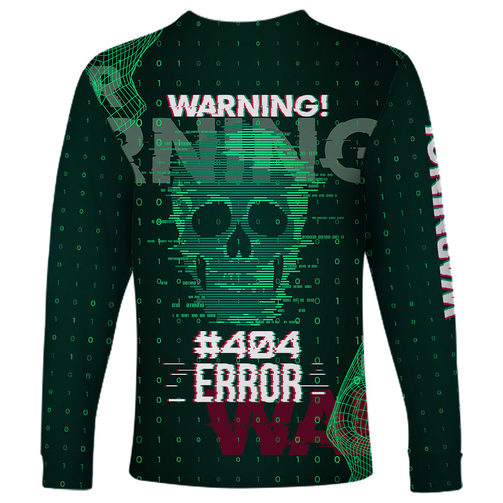 Green long-sleeve shirt with Warning skull, #404 Error and binary pattern graphic