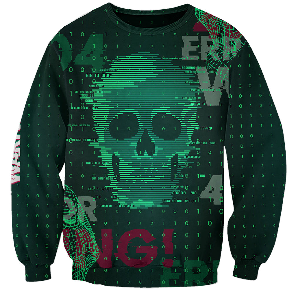 Unisex green tech sweatshirt with bold circuit/lock graphic and #404 ERROR