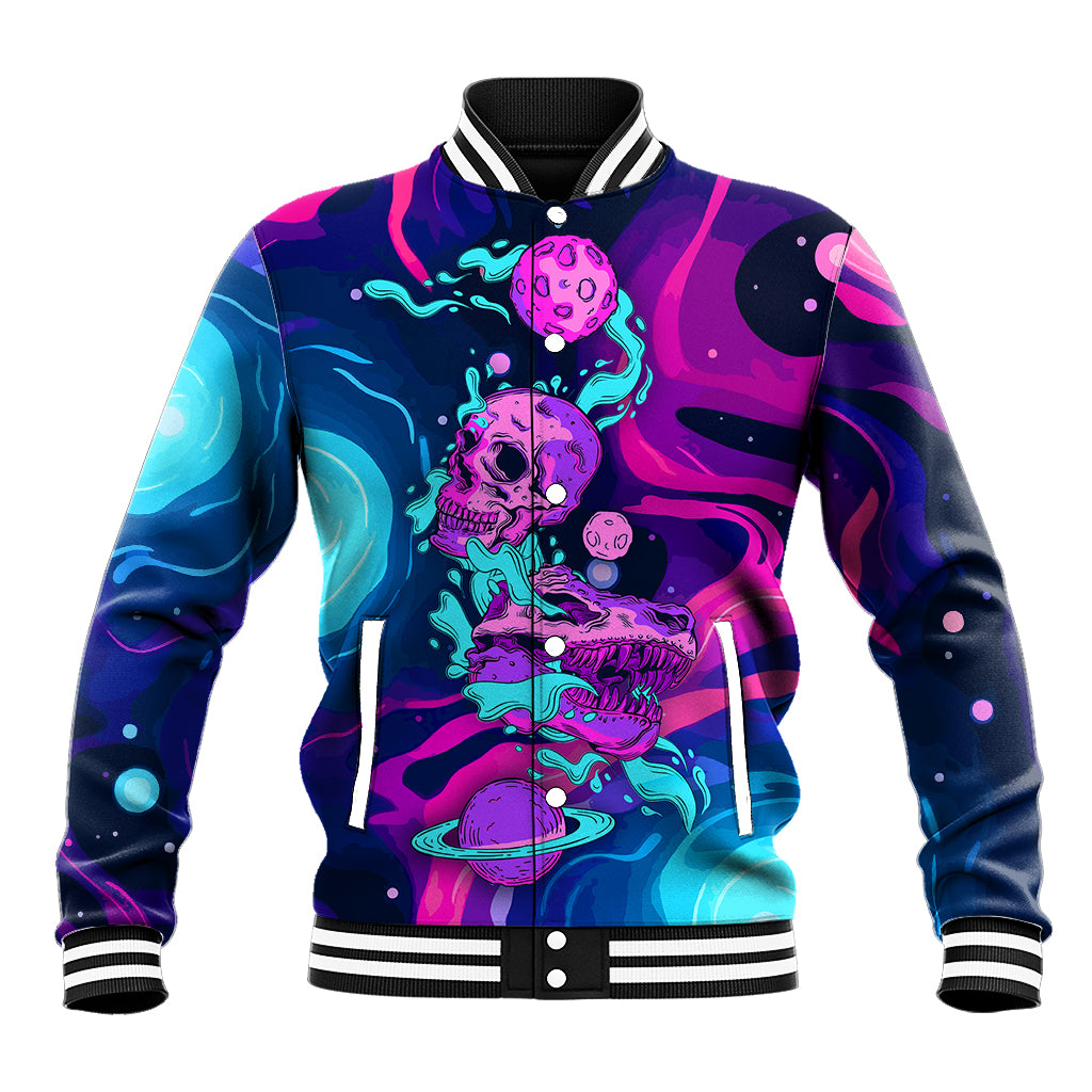 Unisex baseball jacket with neon space skull print, purple/blue/pink, striped ribbed collar