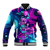Unisex baseball jacket with neon space skull print, purple/blue/pink, striped ribbed collar
