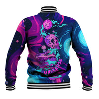 Unisex baseball jacket with back neon skull print in purple/blue/pink, striped ribbed hem