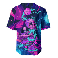 Back of multicolor space baseball jersey with neon skull, planets, and UNIVERSE text