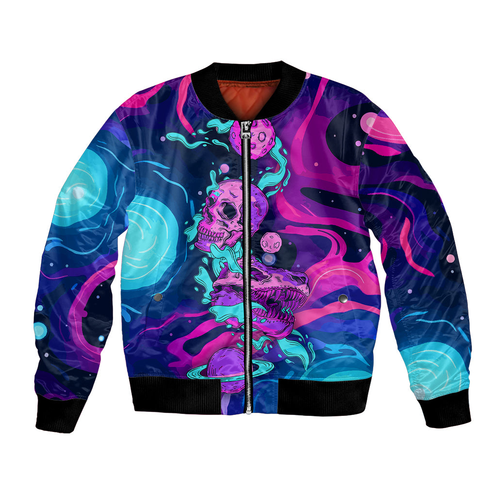 Multicolor bomber jacket with front zip and neon space skull graphic, ribbed cuffs