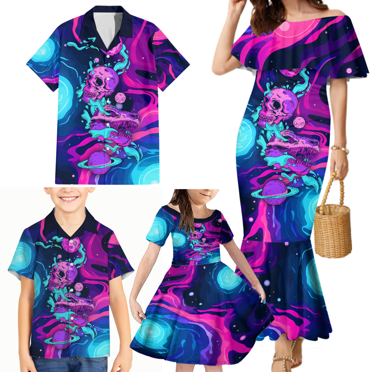 Space Skull Family Matching Mermaid Dress and Hawaiian Shirt Skeleton Color Neon Paint On Space - Wonder Print Shop