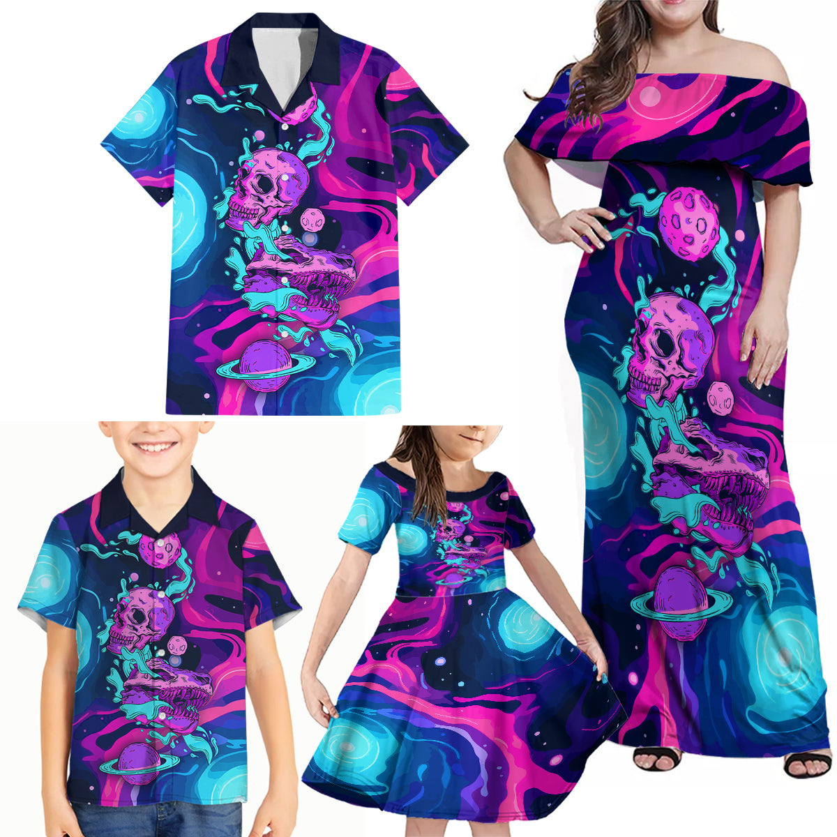 Space Skull Family Matching Off Shoulder Maxi Dress and Hawaiian Shirt Skeleton Color Neon Paint On Space - Wonder Print Shop