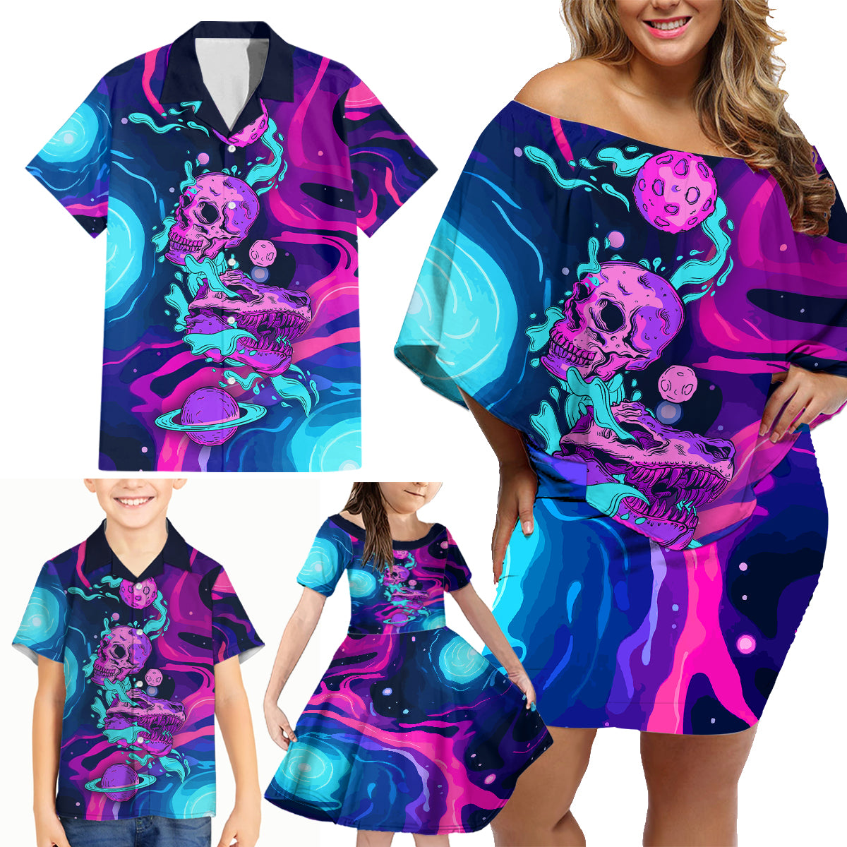 Space Skull Family Matching Off Shoulder Short Dress and Hawaiian Shirt Skeleton Color Neon Paint On Space - Wonder Print Shop