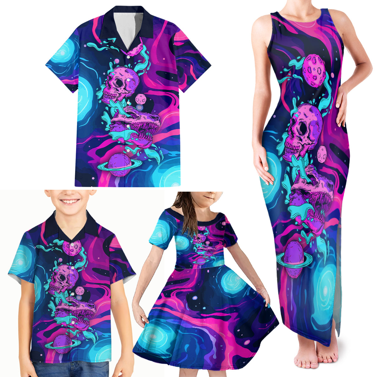 Space Skull Family Matching Tank Maxi Dress and Hawaiian Shirt Skeleton Color Neon Paint On Space - Wonder Print Shop