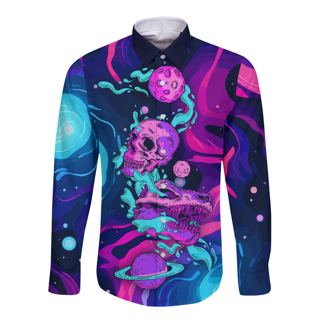 Space Skull Long Sleeve Button Shirt Skeleton Color Neon Paint On Space - Wonder Print Shop