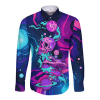 Unisex long-sleeve button shirt, neon multicolor space skull print