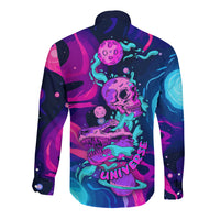 Unisex long-sleeve button shirt, neon space skull with 'UNIVERSE' text