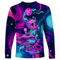 Neon multicolor space skull long-sleeve shirt with planets and 'UNIVERSE' text