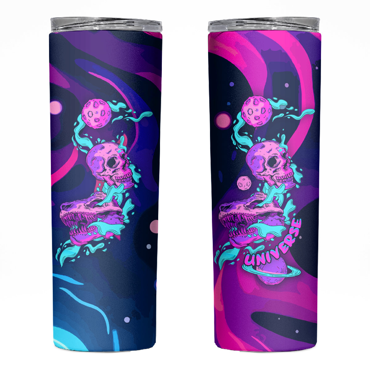 Space Skull Skinny Tumbler Skeleton Color Neon Paint On Space - Wonder Print Shop