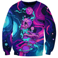 Unisex neon multicolor graphic sweatshirt with skulls, planets, and space swirls