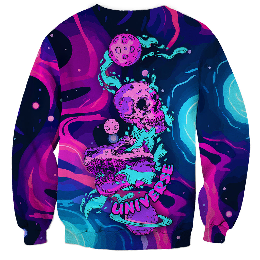 Neon multicolor unisex sweatshirt with stacked skull graphic, planet, and swirls