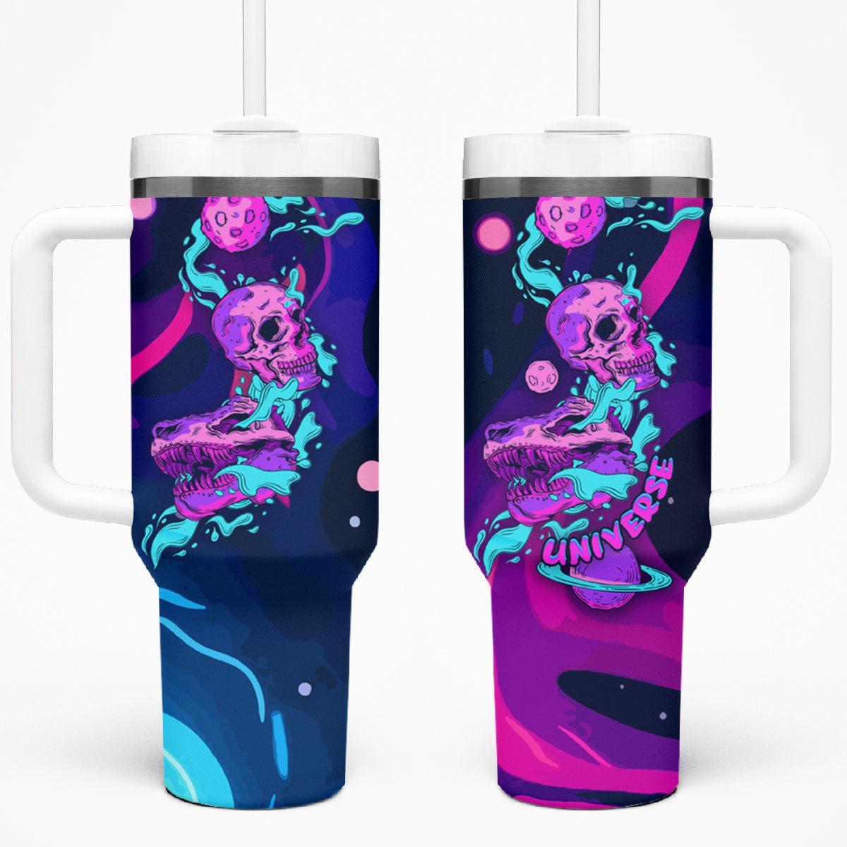 Space Skull Tumbler With Handle Skeleton Color Neon Paint On Space - Wonder Print Shop