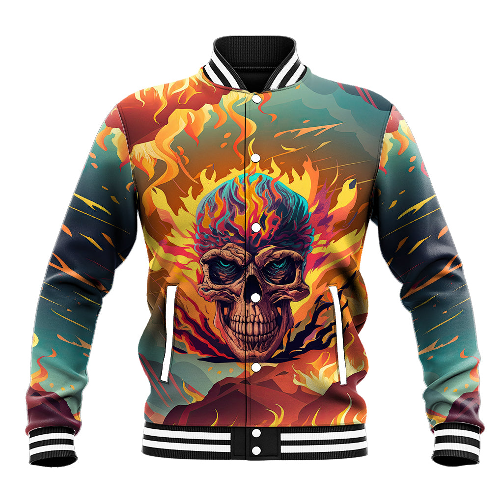 Multicolor flaming skull baseball jacket with snap buttons and ribbed striped cuffs