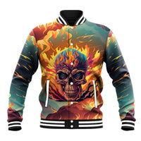 Multicolor flaming skull baseball jacket with snap buttons and ribbed striped cuffs