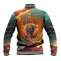 Multicolor flaming skull baseball jacket with ribbed striped collar and back text