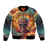 Multicolor zip-up bomber jacket with flame skull artwork and ribbed hem and cuffs