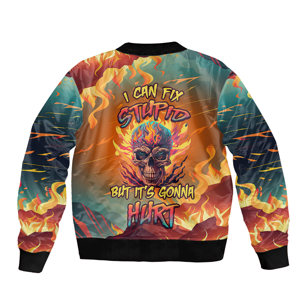 Multicolor bomber jacket with flame skull graphic and ribbed collar, cuffs, and hem