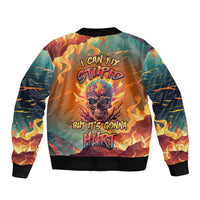 Multicolor bomber jacket with flame skull graphic and ribbed collar, cuffs, and hem