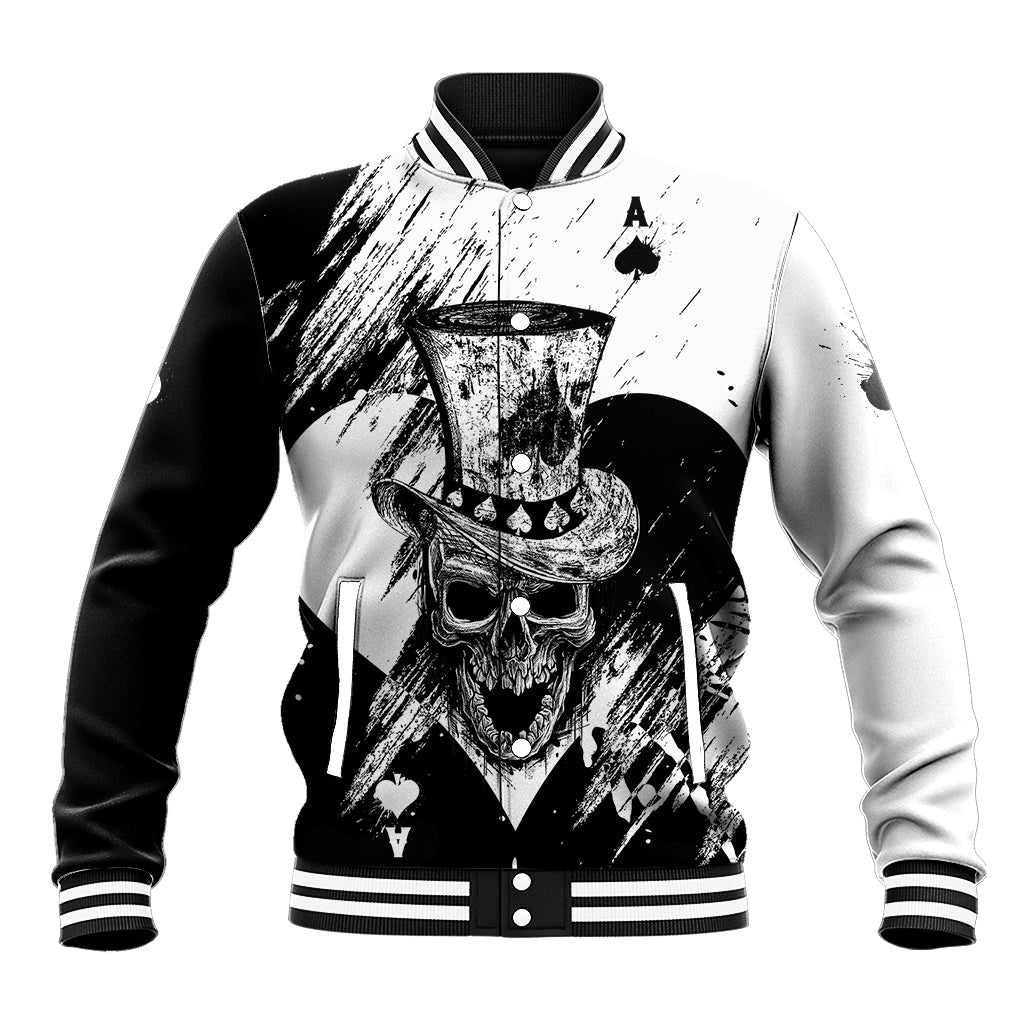 Black and white baseball jacket with front button placket and skull playing-card artwork
