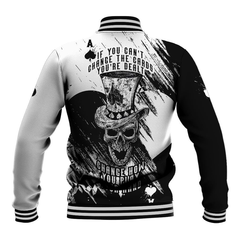 Black and white baseball jacket with varsity ribbed collar and back skull card graphic
