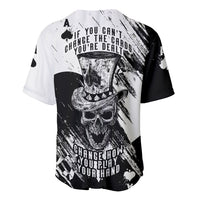 Black-and-white baseball jersey with grunge skull playing-card graphic, short sleeves
