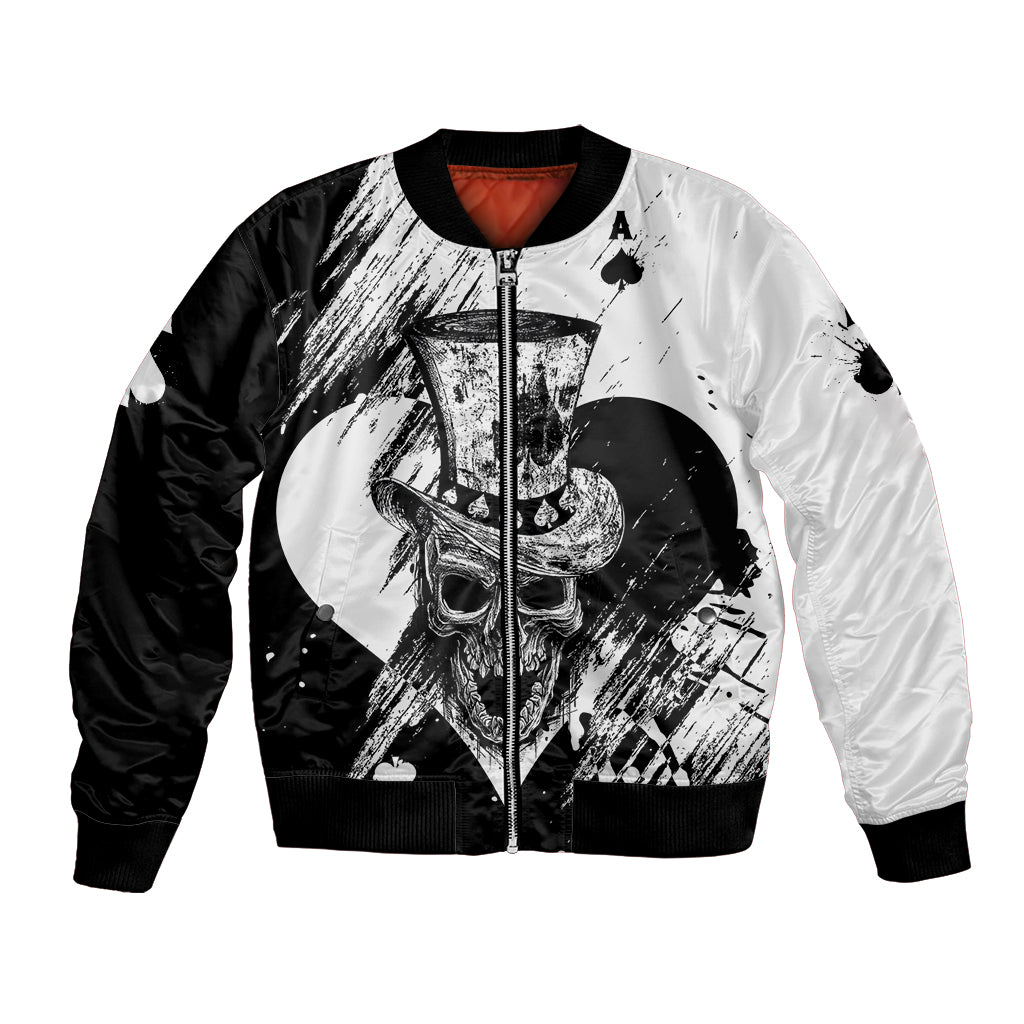 Black and white bomber jacket with skull art, front zipper, ribbed collar and cuffs.