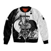 Black and white bomber jacket with skull art, front zipper, ribbed collar and cuffs.