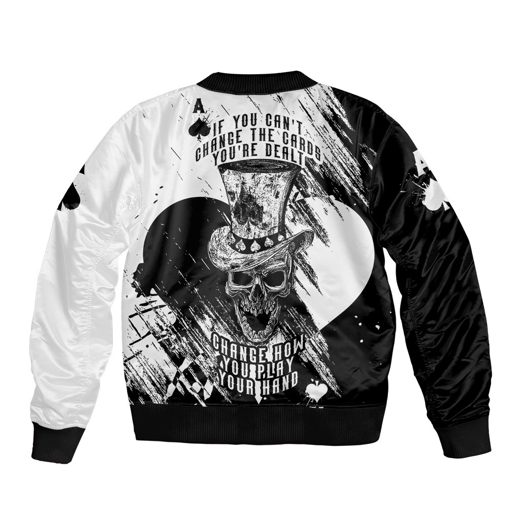 Black and white bomber jacket with large skull graphic, ribbed collar and cuffs.