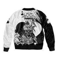 Black and white bomber jacket with large skull graphic, ribbed collar and cuffs.
