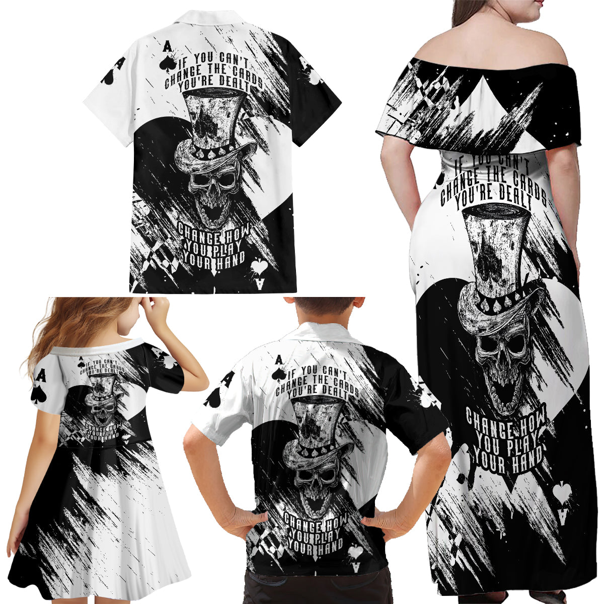 Black Joke Skull Family Matching Off Shoulder Long Sleeve Dress and Hawaiian Shirt Spade Ace Grunge Art - Wonder Print Shop