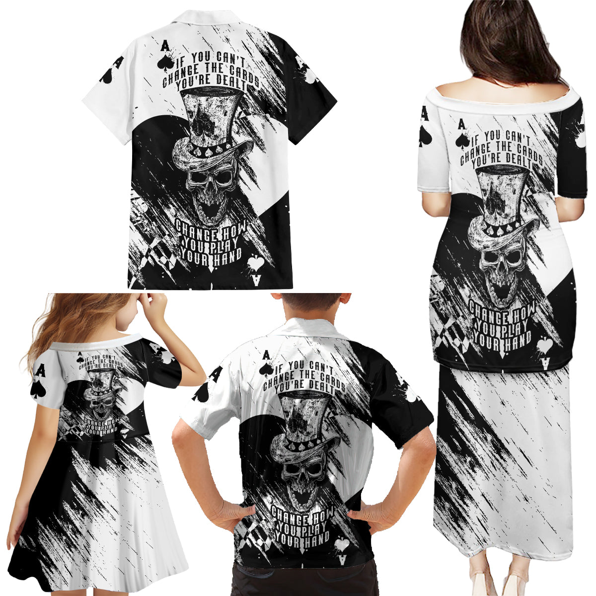 Black Joke Skull Family Matching Puletasi Dress and Hawaiian Shirt Spade Ace Grunge Art - Wonder Print Shop