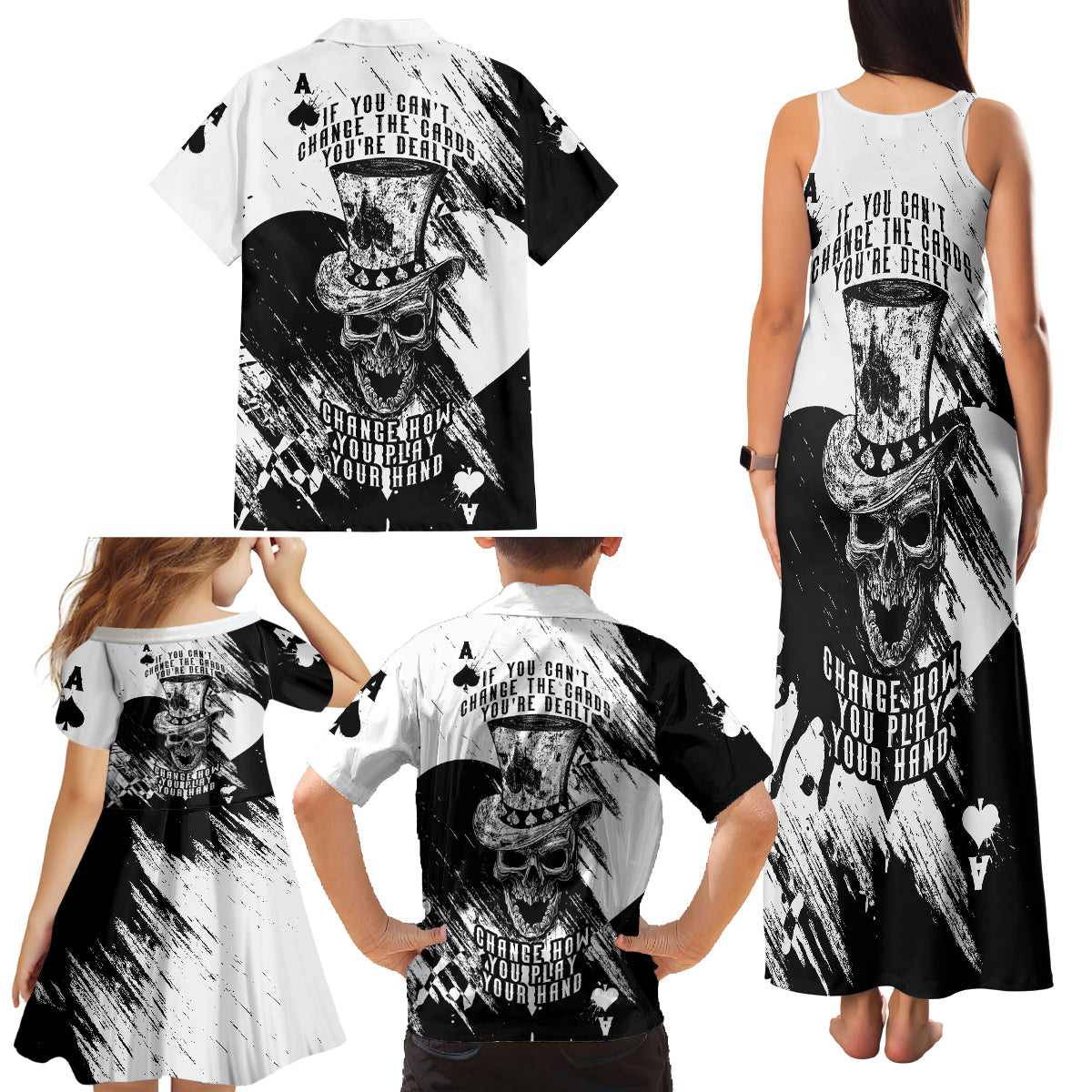 Black Joke Skull Family Matching Tank Maxi Dress and Hawaiian Shirt Spade Ace Grunge Art - Wonder Print Shop